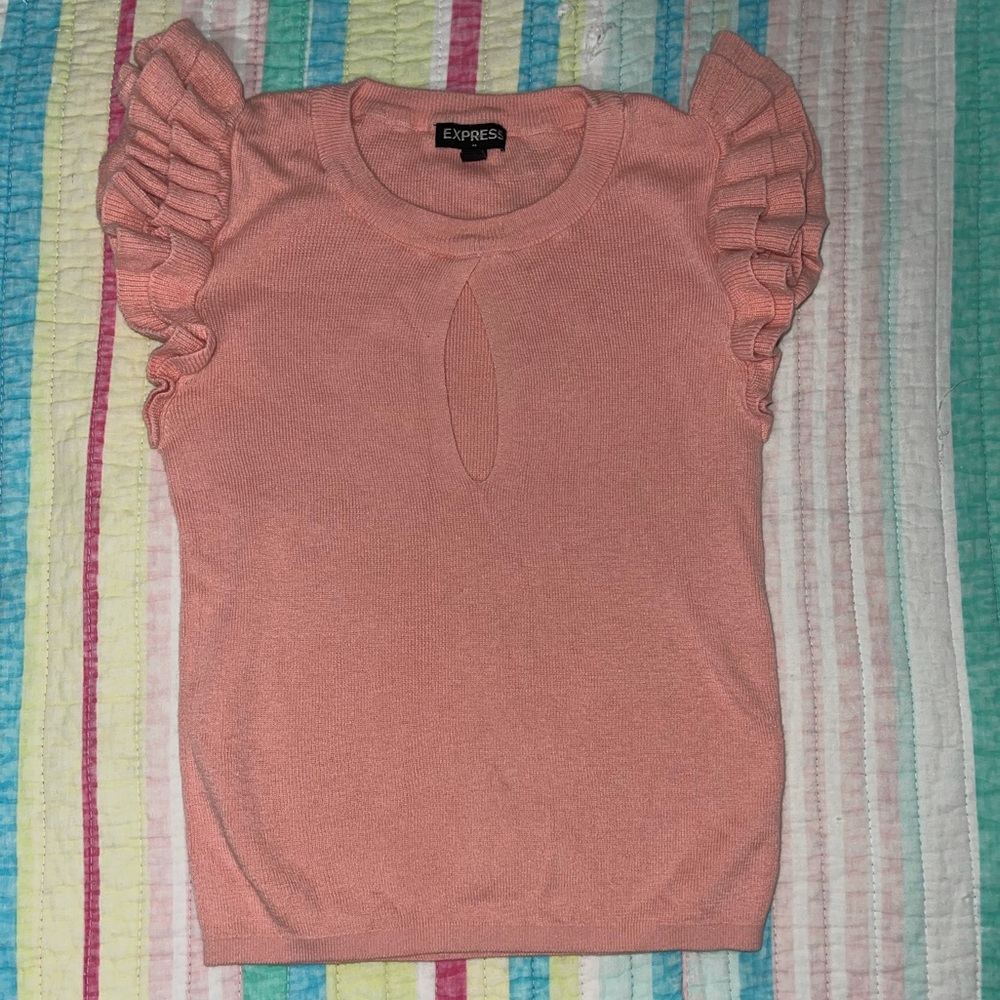 Pink Express Sleeveless Blouse, Keyhole Top. Ruffle Shoulder